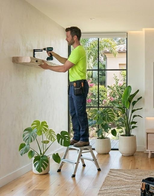 A handyman installing a shelf in a living room in Estero.