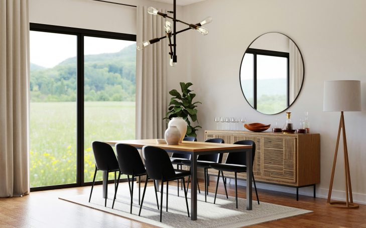 Modern dining room with wooden floors, intricate light fixture, and a large window in Bonita Springs, FL.