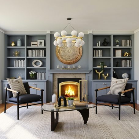 Modern living room with two chairs, a coffee table, fireplace, and built-in bookshelves in Marco Island, FL.